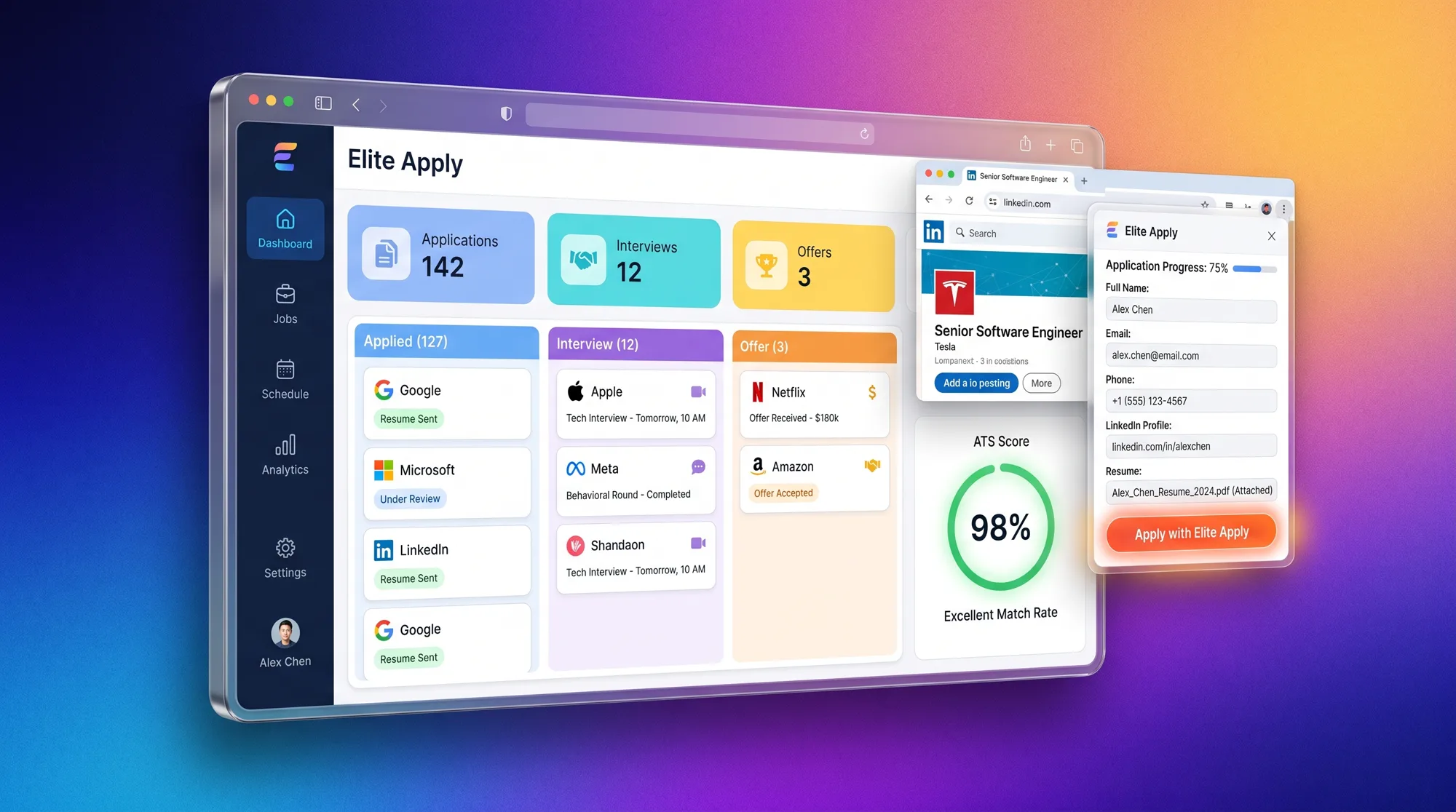 Elite Apply dashboard with kanban board, ATS score and Chrome extension auto-filling a job