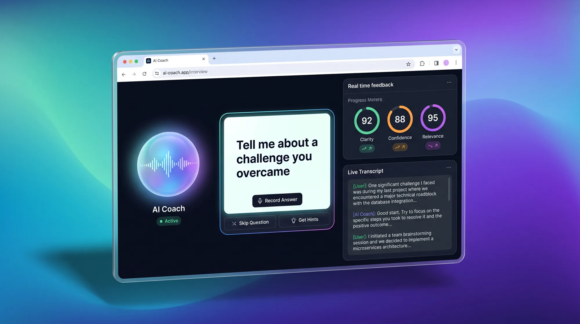 AI interview coach screen with voice orb, question card and real-time scoring